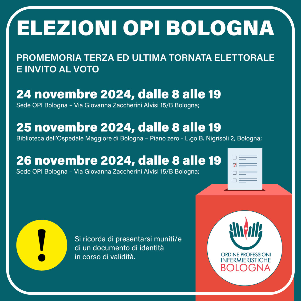 CONVOCAZIONE PER LA TERZA ED ULTIMA TORNATA ELETTORALE: ELEZIONE DEGLI ORGANI DIRETTIVI E DI CONTROLLO DI OPI BOLOGNA PER IL QUADRIENNIO 2025 – 2028